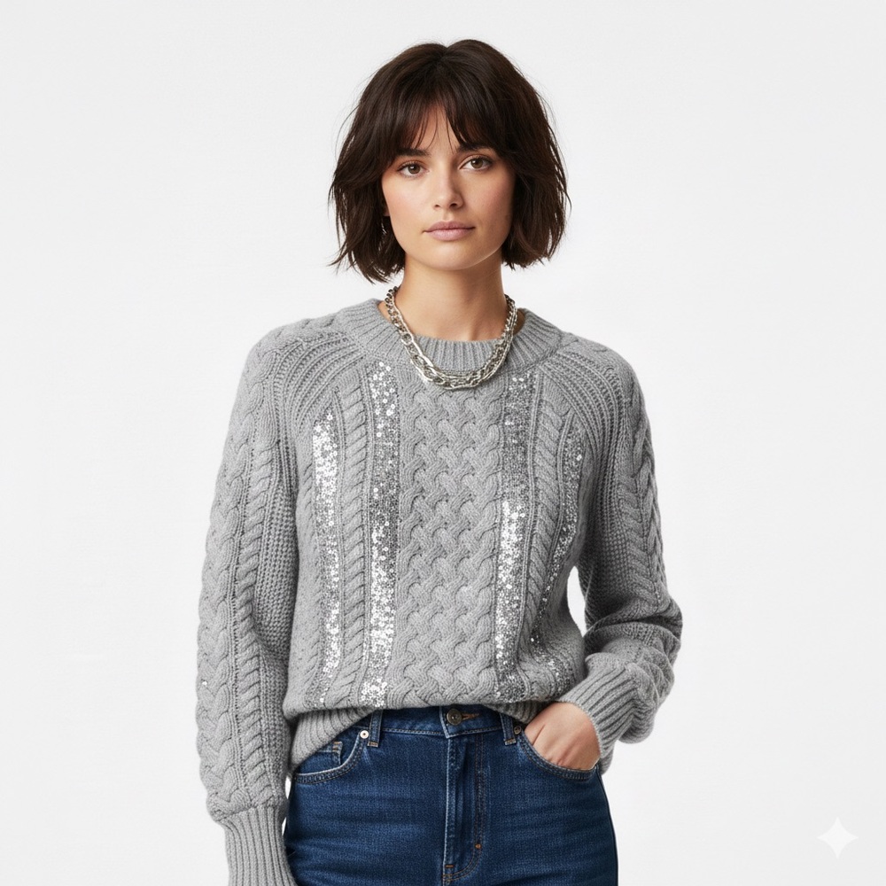 J. CREW Merino Wool‎ Chunky Cable-Knit Sequin Sweater Grey XS
